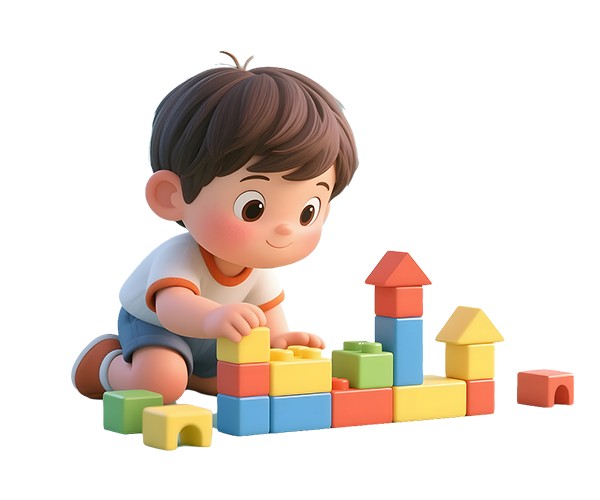 A cartoon boy carefully building a structure with colorful blocks toys A cartoon boy carefully building a structure with colorful blocks toys
