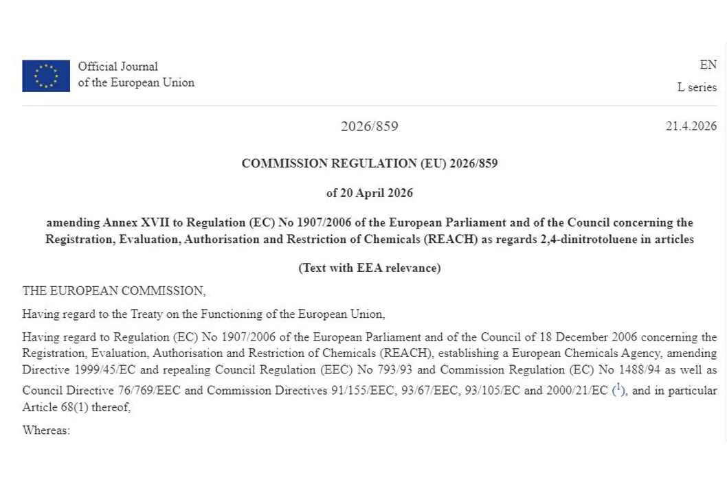 EU REACH Annex XVII Officially Adds Restrictions on 2,4-Dinitrotoluene